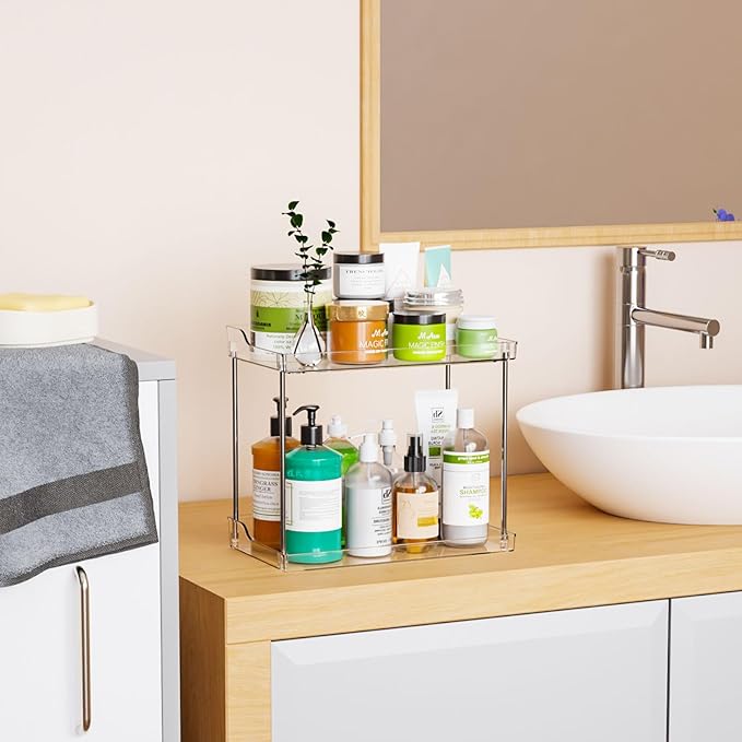Yieach Clear Acrylic Bathroom Counter Organizers and Storage Tray, 2 Tier Makeup,Perfume,Skincare Organizer Shelf & Vanity Storage for Bedroom and Counter Top Spice Racks for Kitchen Corner,Rectangle