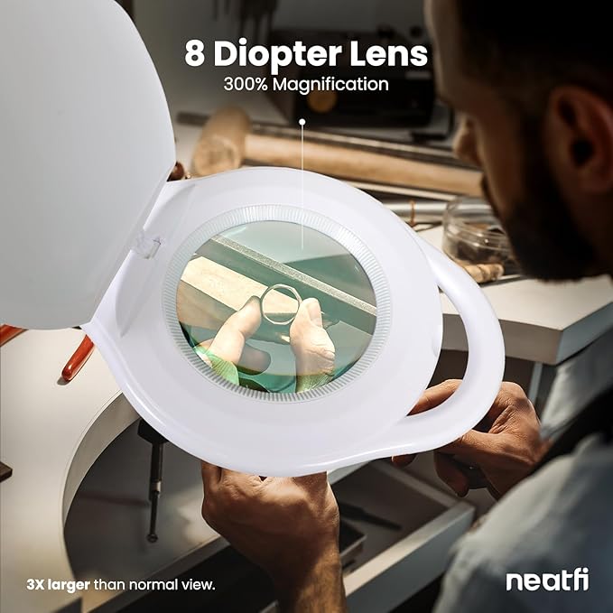 Neatfi 1,200 Lumens LED Magnifying Lamp with Clamp, Dimmable, Includes Microfiber Cloth, Magnifier Light for Reading, Sewing, Crafting (White, 5-Inch Lens, 8 Diopter)