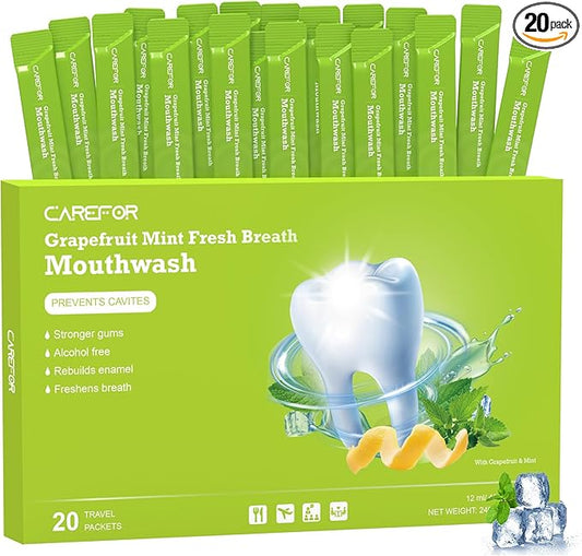 Travel Size Mouthwash Packets – Individual Mini, Alcohol & Fluoride Free, Grapefruit Mint Flavor, Mouthwash to Go for On-The-Go Freshness, Bulk Packets 0.41 Fl Oz(Pack of 20)