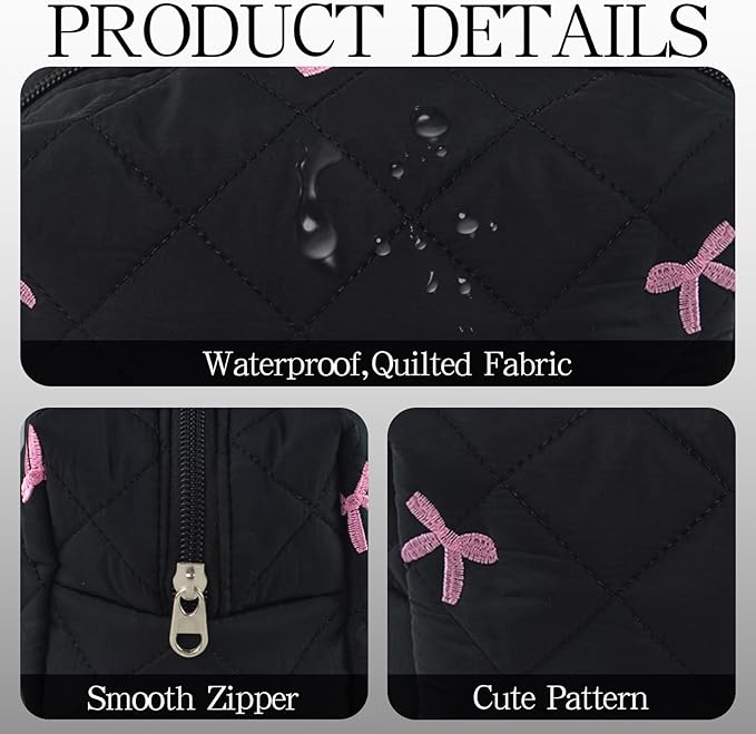 Quilted Makeup Pouch,Cotton Puffy Makeup Bag, Coquette Cosmetic Bag for Women and Girls, Aesthetic Organizer Bag, Cute Flower Travel Toiletry Bag