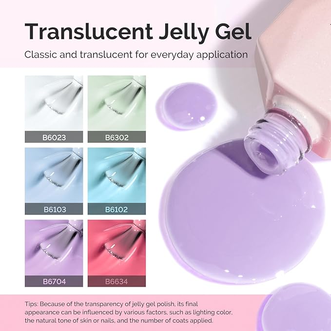 MelodySusie Jelly Gel Nail Polish Set,6 Transparent Colors,Jelly Texture,Pastel Sea Breeze Colors Soak Off UV LED Light Cure or Salon Manicure and Nail Art DIY at Home