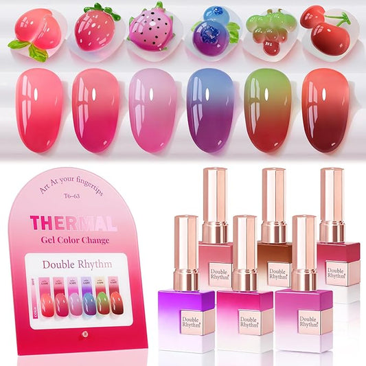 Double Rhythm 6 Pcs 15 ML Gel Polish Set Same Color Same Bottle Soak Off Gel Polish Kit Nail Art Manicure Salon DIY at Home for Women (Color Changing Red Pink Purple Brown-T6-63)