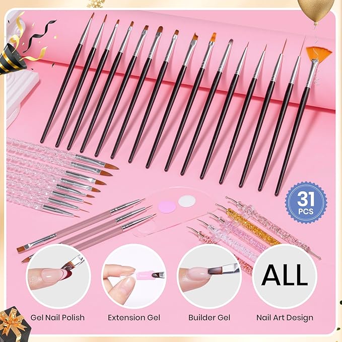 Beetles 31pcs Nail Art Brushes, Dotting Tools, Nail Art Pens, Dust Brush, Striping Liner Fingernail Drawing Pens with Palette Holder All in One for Starter Manicure Design Set