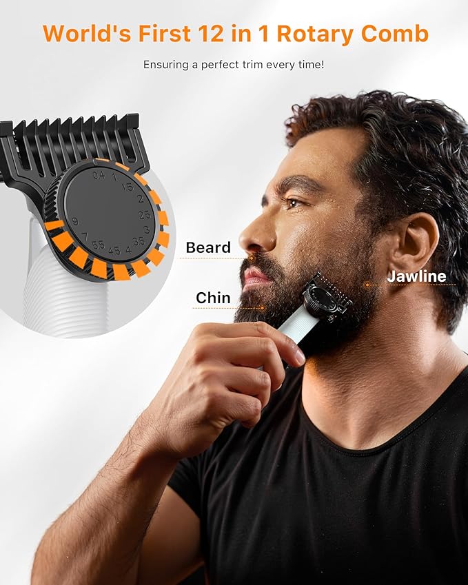 New Electric Beard & Nose Hair Trimmer Kit - Painless Razor with 12 in 1 Rotating Comb, Magnetic Nose Hair Head, Waterproof Wet/Dry, Groin/Ball Shaver for Men, USB-C Fast Charging,White(Pack)