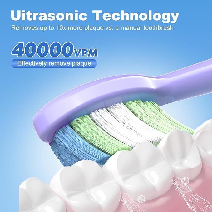 JTF Sonic Electric Toothbrush - with Travel Case and 6 Brush Heads, Fast Charging toothbrushes for 60 Days Long Lasting, 5 Modes Power Toothbrush for Women