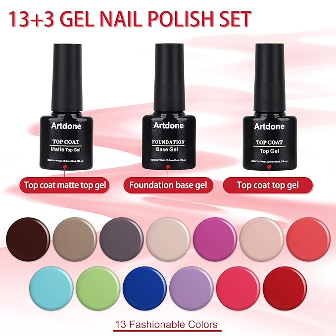Artdone Gel Nail Polish Set Solid UV Gel 16 Bottles Set Include Top & Matte Top Coat and Base Coat White Pink Yellow Blue Red Colors For All Seasons Neutral Soak Off Manicure Kit For Nail Art