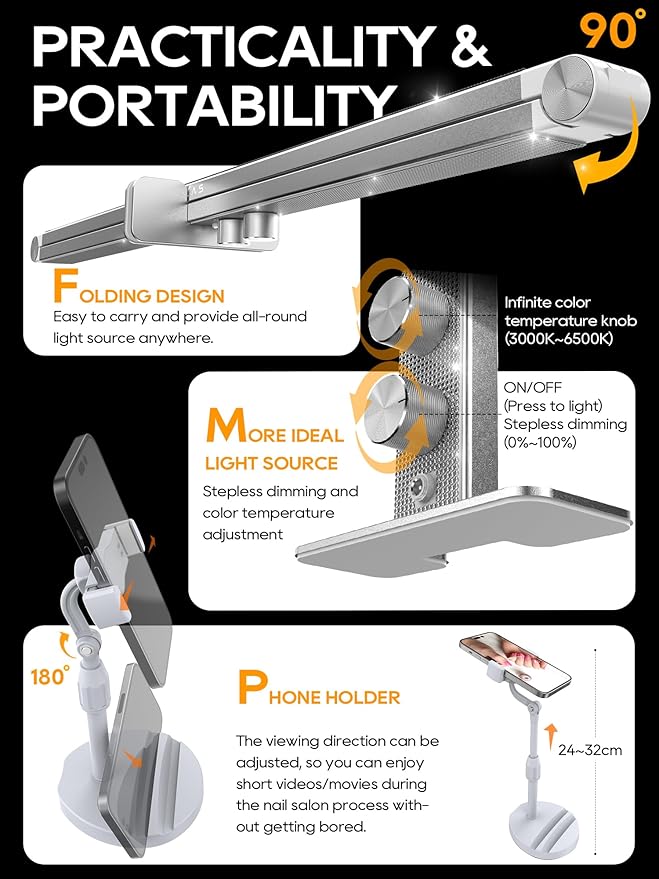 Upgraded Nail Tech Lamp for Desk, 32 in Foldable Large Nail Light with Phone Holder, 3000K-6000K CRI＞95 LED Manicure Lamp, Half Moon Light for Lash Eyelash Extension, Tattoo, Eyebrows-Diamond Silver