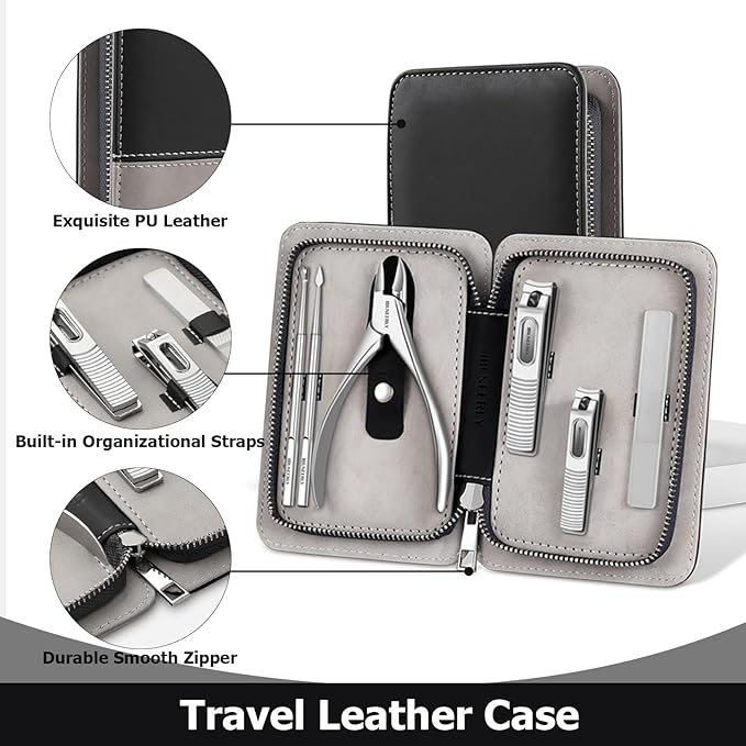 Manicure Set, Nail Cutters Set with Travel Leather Case, Professional Manicure Tools for Thick Nail & Ingrown Nail, Nail Cutters for Men and Women, Silver