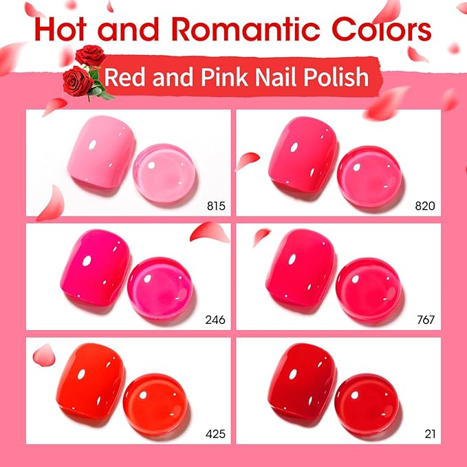 GELLEN Red Pink Nail Polish, Quick Air Dry Natural Traditional Regular Nail Polish Bright Red Hot Pink Set for Acrylic Natural Nails Home Salon, Non UV Gel, Chip Resistant, Hema Free, Non-toxic, 10ml