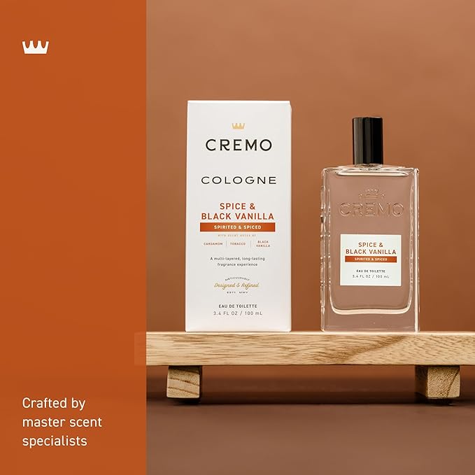 Cremo Cologne For Men - Spice & Black Vanilla Mens Cologne Spray, An Explosion of Vibrant Spices, Dark Woods and Black Vanilla, Multi-Layered Signature Men's Fragrances, 3.4 Fl Oz