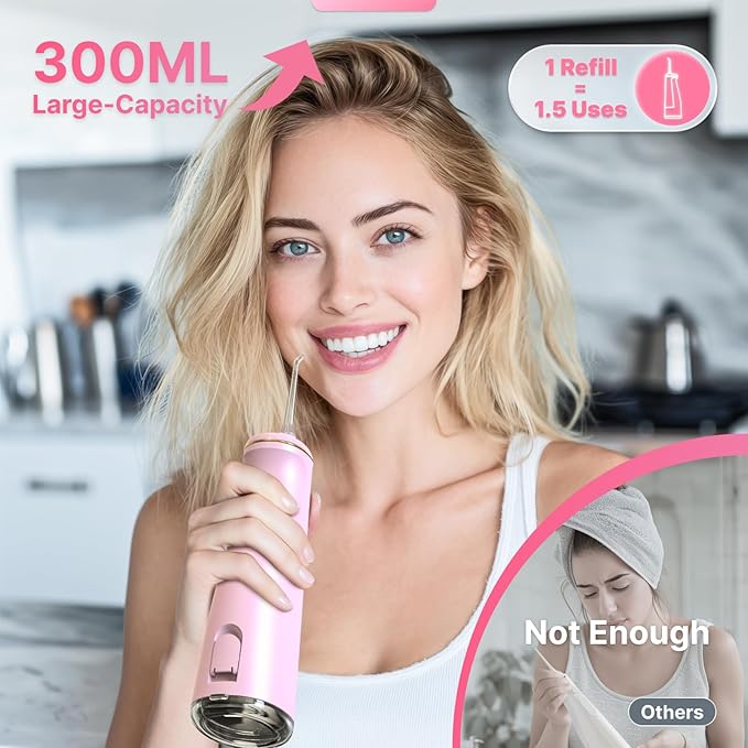 Water Flosser for Teeth, Cordless Oral Irrigator Portable Dental Cleaner Picks with 8 DIY Modes 7 Jets 300ml Tank Braces Flossers Rechargeable (Pink)
