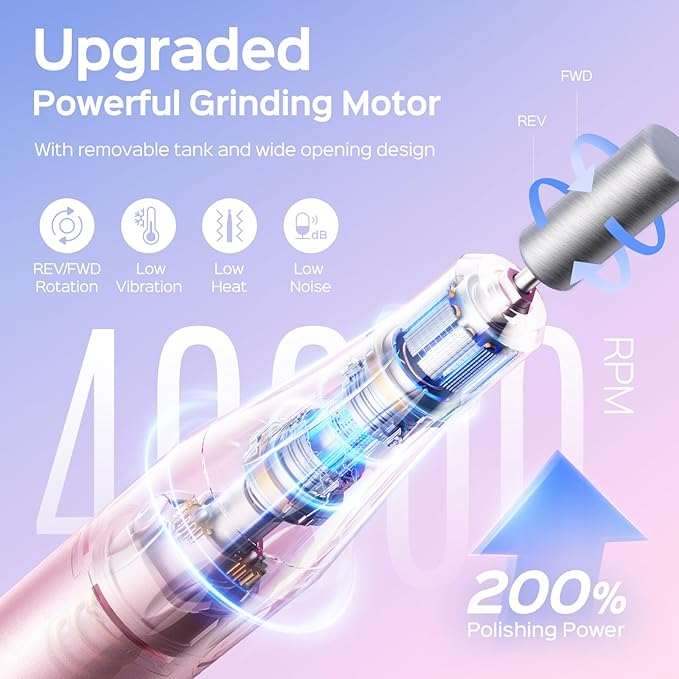 COSLUS Professional Electric Nail Drill, 40000 RPM Portable Rechargeable Nail File with Storage Stand for Acrylic Gel Polishing Removing - Easy to Use for Women, Manicure at Home DIY or Salon, Pink