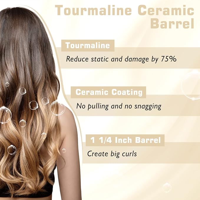 1 1/4 inch Curling Iron, Dual Voltage Hair Curling Iron Heat up to 450°F, Professiona Curling Wand Ceramic Tourmaline(Champagne Gold)