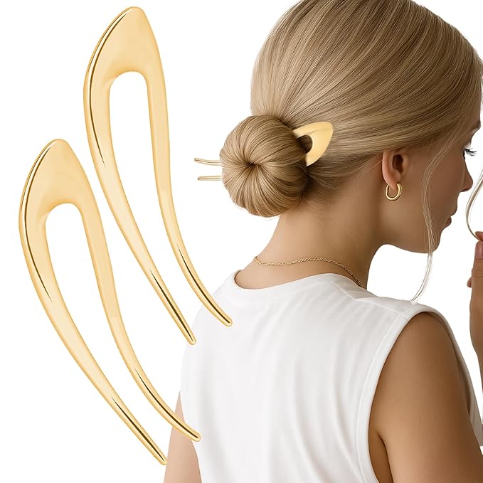 2PCS 5Inch French Hair Pins Large U-Shaped Pins for Women and Girls Fashion Metal Hair Pin French Twist Hair Pins for Buns, Updos,Stylish and Functional(set6-gold)
