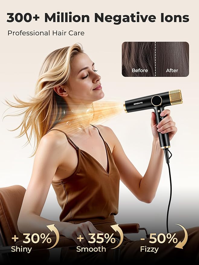 Portable Hair Dryer, 110,000 RPM Diffuser Hair Dryer, 400M Negative Ion, 6.5ft Cord, 4 Heat Settings & 3 Speed, Ionic Hairdryer with Concentrator Nozzle Diffuser for Curly Hair, for Women Men, Black