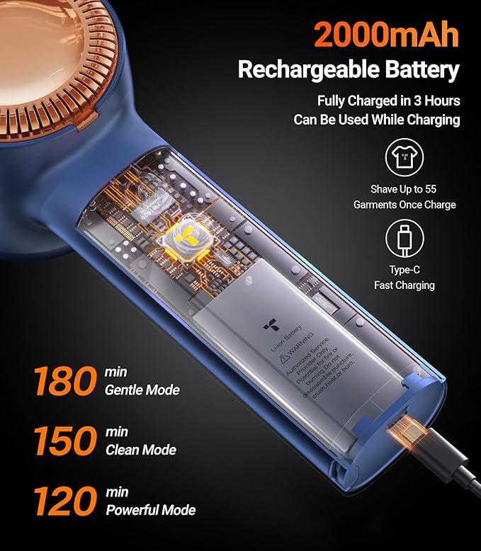 TORRAS Fabric Shaver Lint Remover, Rechargeable Electric 3-Speed Sweater Shaver Remove Fuzz, Pilling for Cashmere, Wool, Coat, Furniture, Clothes depiller with Replacement Blades, Blue