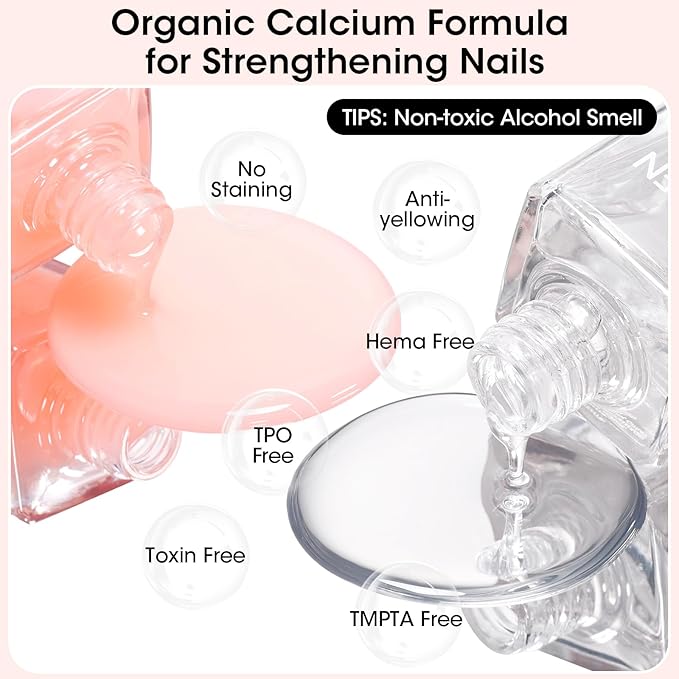 Gellen Clear Nail Polish Base Top Coat, No Wipe Shine Top Coat & 4-In-1 Tinted Nude Base Coat Strengthens Nails - Calcium, Quick Dry Natural Color Regular Nail Polish, Not UV Gel, Hema Free, Non-toxic