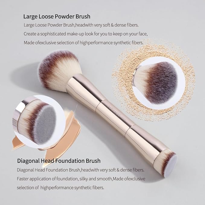 MAANGE 20 PCS Makeup Brush Set with Bag, Double-ended Kabuki Brush Foundation Contour Brush for Liquid Powder Concealer Eye Shadows Cream Cosmetics Blending Blush Face Makeup Tools with Case (Gold)