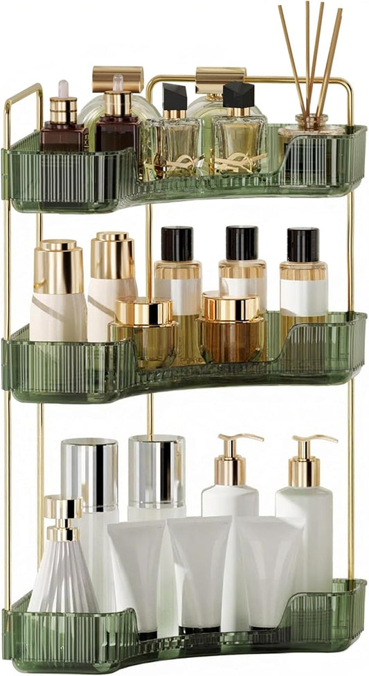 YCIA&DONE Corner Bathroom Counter Organizer, Makeup Organizer for Vanity, Skincare Cosmetic Perfume Tray, Corner Countertop Shelf Rack Storage for Bathroom Kitchen 3 Tiers (Vintage Green)