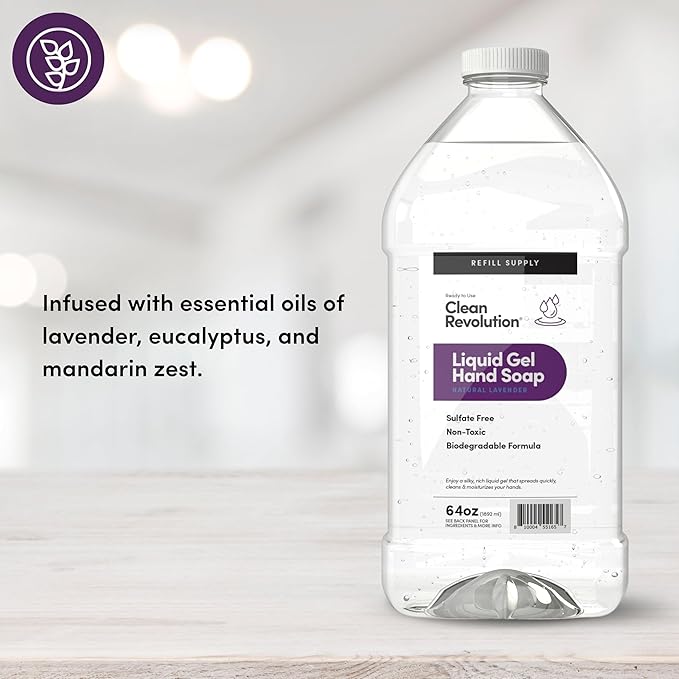 Clean Revolution Liquid Gel Hand Soap, Silky Rich Liquid, Quick Lather, Fast Rinsing, Contains Real Essential Oils (Natural Lavender) 64 Fl Oz