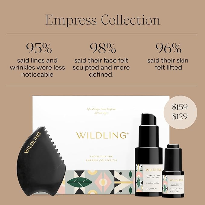 WILDLING Empress Facial Gua Sha Set I Facial Massage Tool + Facial Toner + Facial Oil to Lift, Plump, Tone + Sculpt I Patented Design 100% Authentic Bian Stone