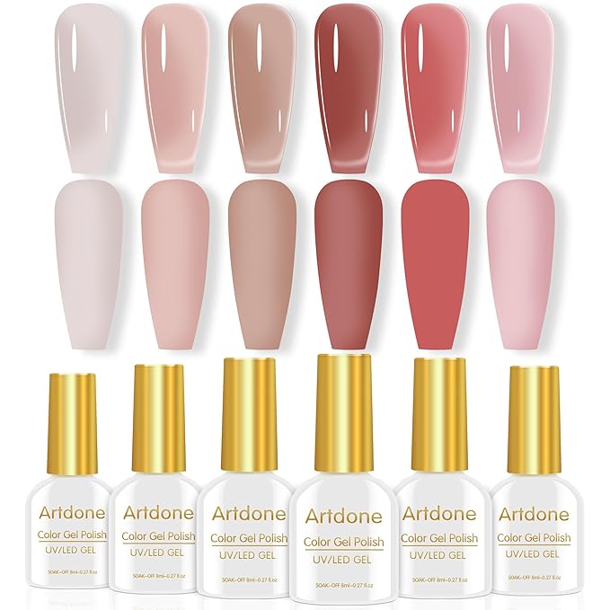 Artdone Sheer Gel Nail Polish Set Jelly UV Gel 6 Colors Translucent Milky White Pink Nude Brown Colors Nail Polish For All Seasons Neutral Soak off LED Lamp Gel Manicure Kit For Nail Art