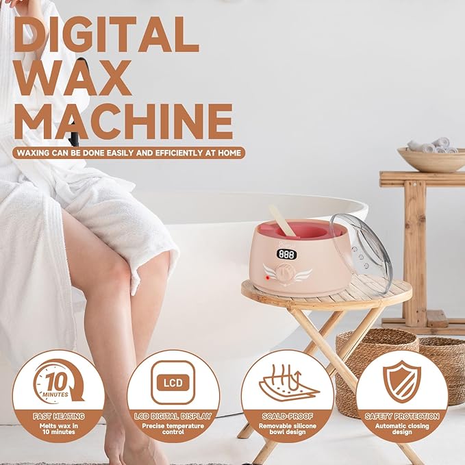 waxing kit for women, Digital Hard Wax Warmer with 4 Packs of Natural Wax Beans (14.1oz), Silicone Bowl and Waxing Accessories, Professional for Bikini, Face, Brazilian, Body and Home Salon - Pink