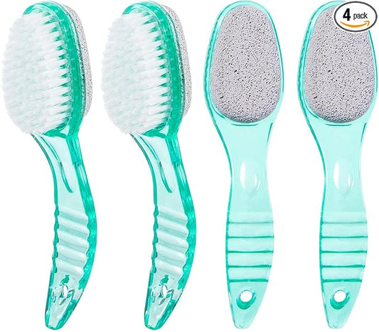 4 Pcs Foot Brush for Shower with Handle 2 in 1, Ooloveminso Large Foot Pumice Stone Brush Scrubber Foot File Calluses Remove Suitable for Horniness Foot Spa, Foot Care Smooth Skin (Green)