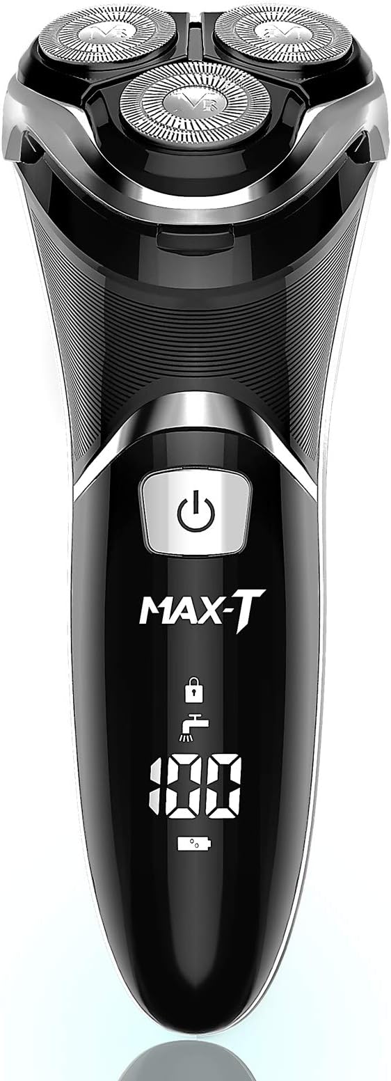 Men's Electric Shaver - MAX-T Corded and Cordless Rechargeable 3D Rotary Shaver Razor for Men with Pop-up Sideburn Trimmer Wet and Dry, IPX7 Waterproof, Plug & Play