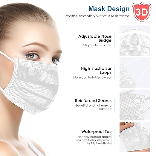 NNPCBT White Disposable Face Masks 125 Pack,3-Ply Breathable Mask For Adults,Great For Outdoors,Home, Office, School