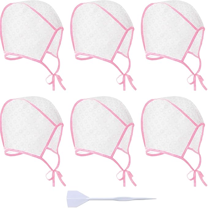6 Pieces Highlighting Cap Hair Frosting Cap Highlight for Dye Color Bleach with Plastic Hooks Hair Coloring Salon Hairdressing Tool Kit Supplies(Pink)