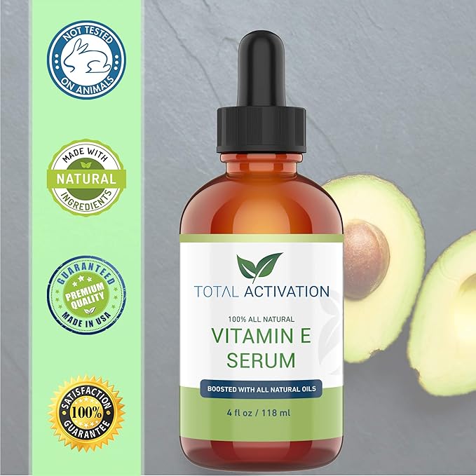 Vitamin E Face Serum – Organic Vitamin E Oil 100% Pure, Cold Pressed for Skin, Face, Hair & Nails – Moisturizer for Dry Skin, Scars & Anti-Aging – for Glowing Skin – 4 oz