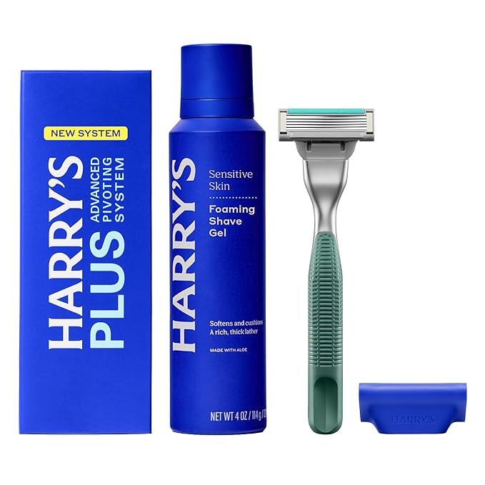 HARRY'S PLUS: Shaving Kit for Men - Premium Handle, Razor Blade Cartridge, 4 oz Foaming Shave Gel, and Travel Blade Cover - Advanced Pivoting System - Moss