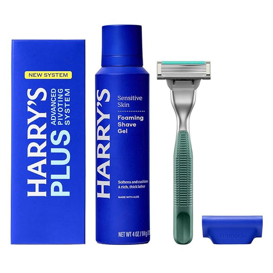 HARRY'S PLUS: Shaving Kit for Men - Premium Handle, Razor Blade Cartridge, 4 oz Foaming Shave Gel, and Travel Blade Cover - Advanced Pivoting System - Moss