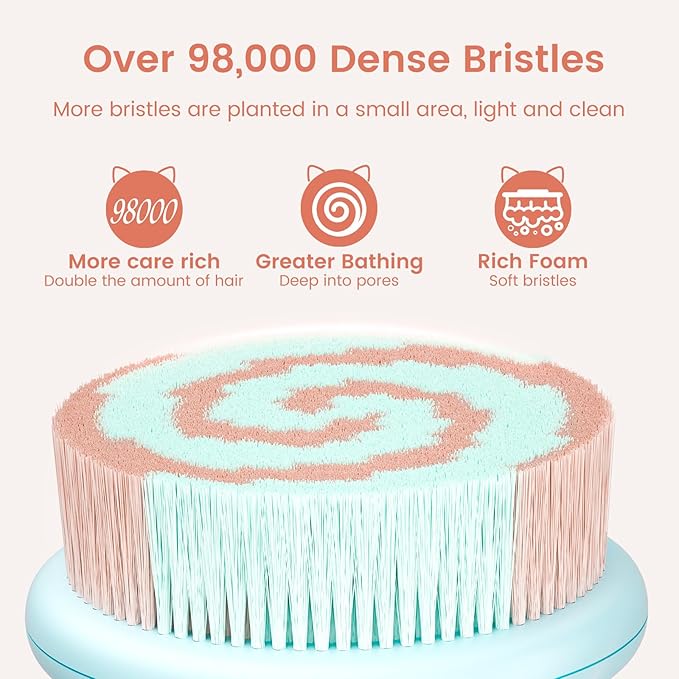 Electric Back Scrubber for Shower Body Brush, Waterproof Shower Body Scrubber for Cleansing, Massaging, Rechargeable Spinning Bath Brush for Kids & Adults with 2 Heads & 3 Speed Modes, Pink