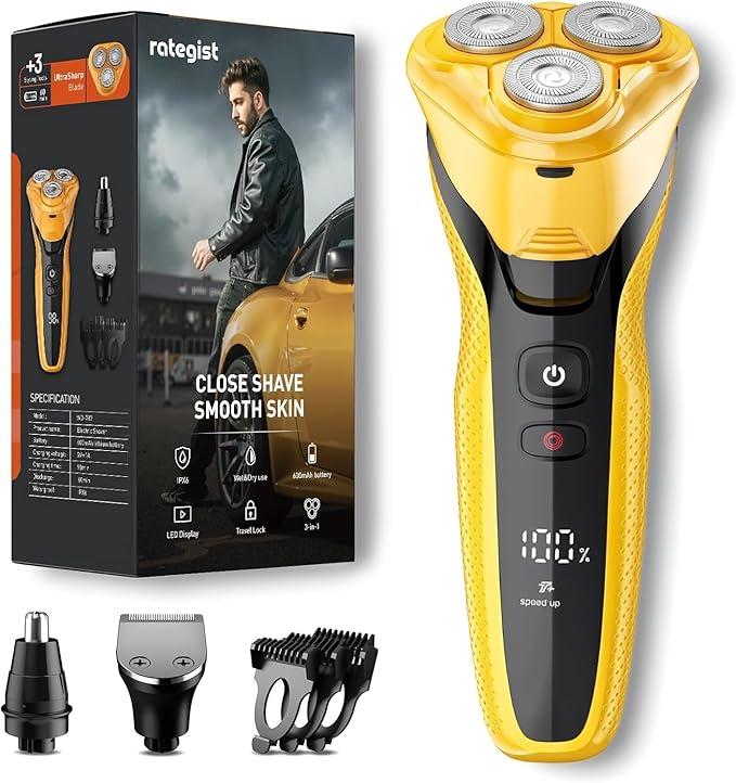 Rechargeable Electric Razor for Men: 3-in-1 Shaver for Beard/Nose/Sideburns - IPX7 Waterproof Travel Kit - Turbo Speed & Precision Blades,Cyber Yellow