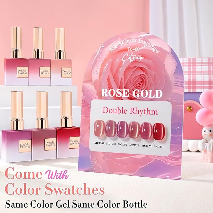 Double Rhythm Cat Eye Gel Nail Polish Set of 6 Same Color Same Bottle 0.5 Oz Shimmer Glitter with Magnet Holographic Reflective Magnetic UV Nail Polish Kit at Home (Golden Rose Pink-T6-60)