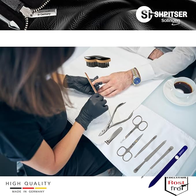 SHPITSER Professional 7pc TopInox Surgical Stainless Steel Tools Manicure Pedicure Set in Genuine Durable Leather Case Handmade in Solingen Germany for Nail and Cuticle and Nose Care