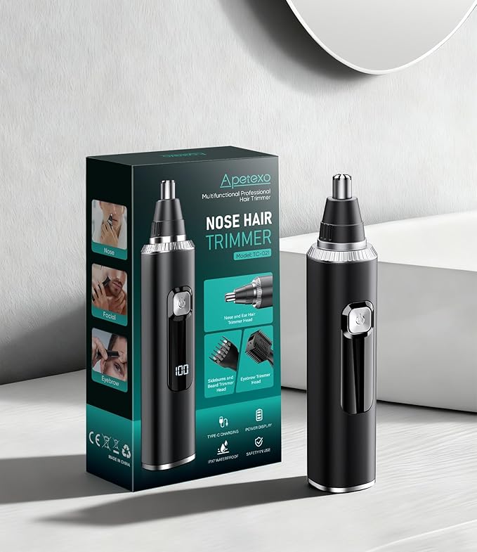 Nose & Ear Hair Trimmer, Type-C Rechargeable Precision Groomer for Men & Women, Painless Double-Edged Blades, IPX7 Waterproof & Easy to Clean for Nose, Ears, and Facial Hair