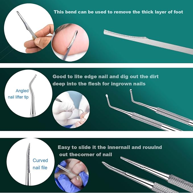 Ingrown Toenail Pedicure Tool Kit, Nail File and Nail Lifter Pusher Double-Sided Nail Manicure Kit Stainless Steel Nail Care Treatment for Nail Correction Polish Pain Relief (11 Piece Set)