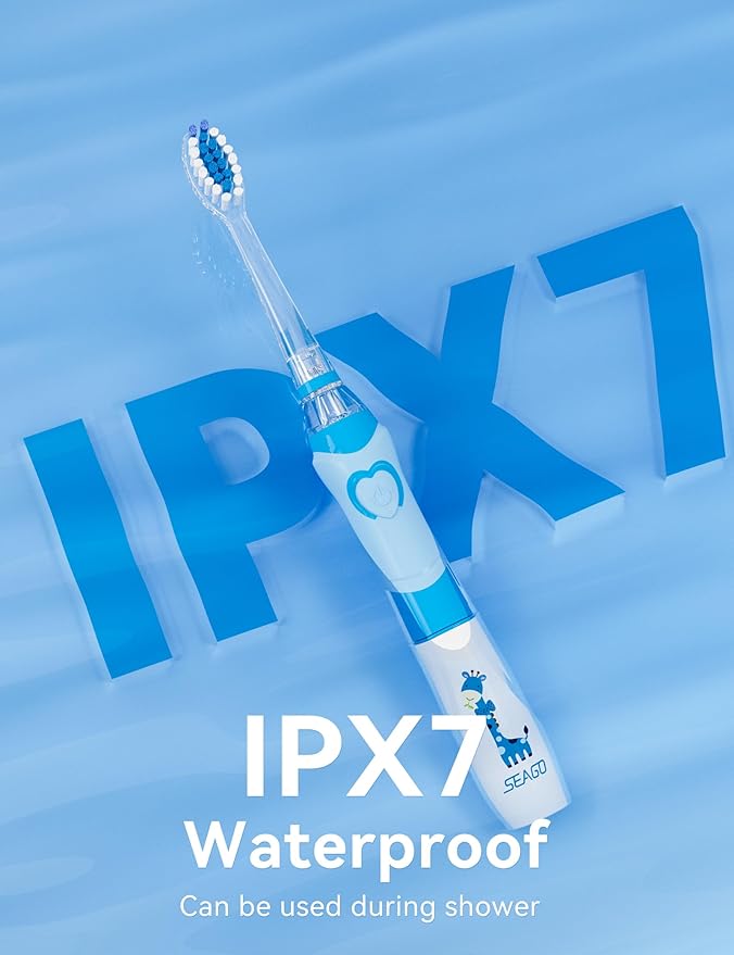 SEAGO Kids Electric Toothbrush with 2 Mins Brushing Timer and 4 Replacement Bursh Heads, Rainbow LED Light Make Brushing Fun, Boys Battery Powerd Toothbrush for 4-12 Years Old，SG-977 (Light Blue)