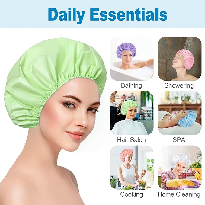 6 PCS Shower Caps for Women, Double Side Waterproof Shower Cap, Reusable Elastic Bath Caps for Shower, EVA Bathing Shower Caps, Bath Hair Caps - Candy Color