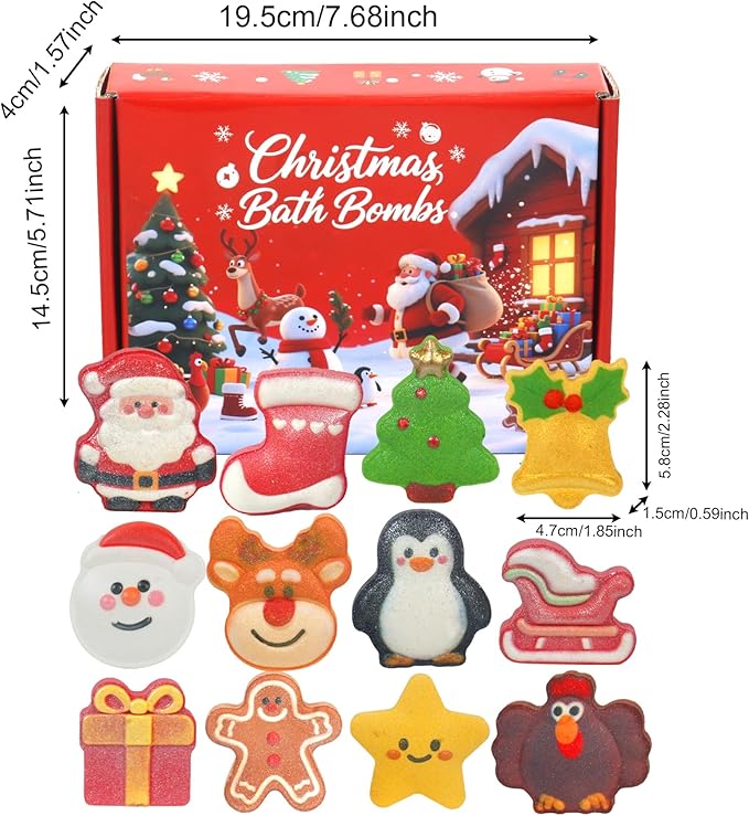 Christmas Bath Bombs for Kids & Women, Handmade Bath Bomb Gift Set of 12 Festive Shapes, Perfect Stocking Stuffers for Teen Girls & Boys, Skin Care Bathbombs as Christmas Gifts for Kids