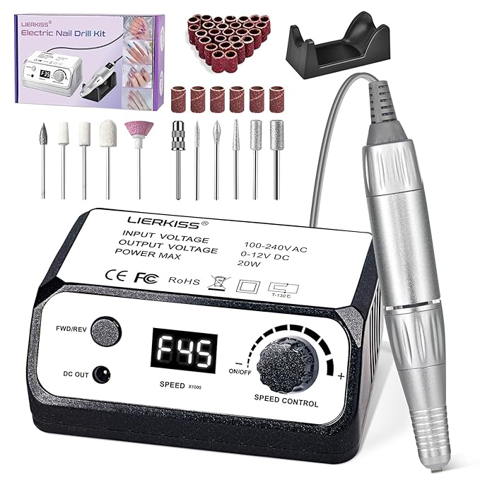 Nail Drill 45000RPM Professional Electric Nail File with Sanding Bands and Nail Drill Bits for Acrylic, Gel Nail Manicure & Pedicure, Black