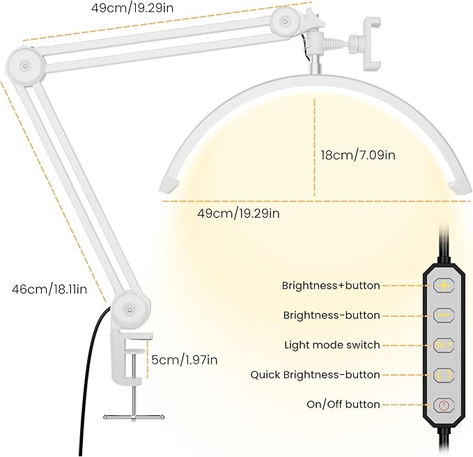3000 Lm Adjustable LED Half Moon Light with Clamp & Task Lamp - Bright, Dimmable Lighting for Office, Crafts, Nails &Salon, Remote Control (CCT，White)