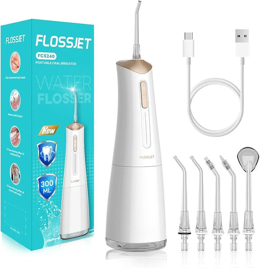 Water Dental Flosser Cordless Oral Irrigator with 300ml 5 Tips 4 Modes USBCharger Portable Travle Irrigation Cleaner IPX7 Electric Irrigador Dental for Teeth Cleaning (White)