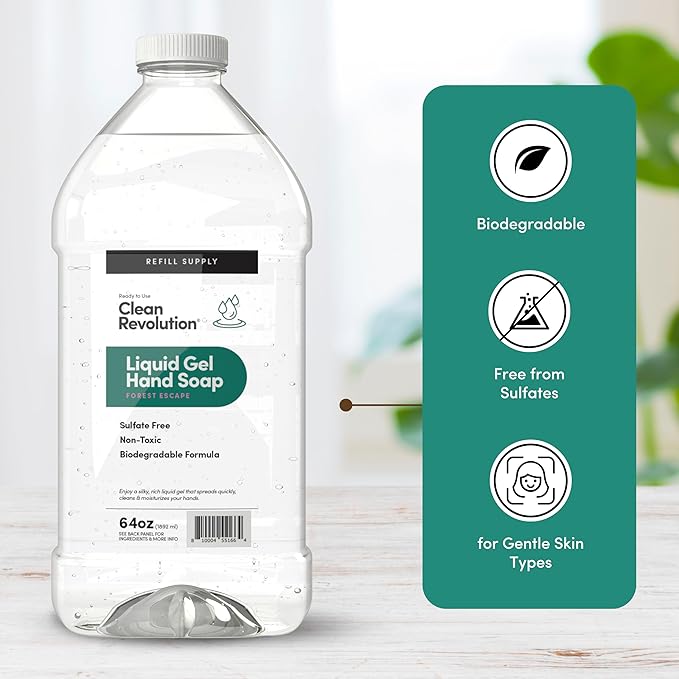 Clean Revolution Liquid Gel Hand Soap, Silky Rich Liquid, Quick Lather, Fast Rinsing, Contains Real Essential Oils (Forest Escape) 64 Fl Oz