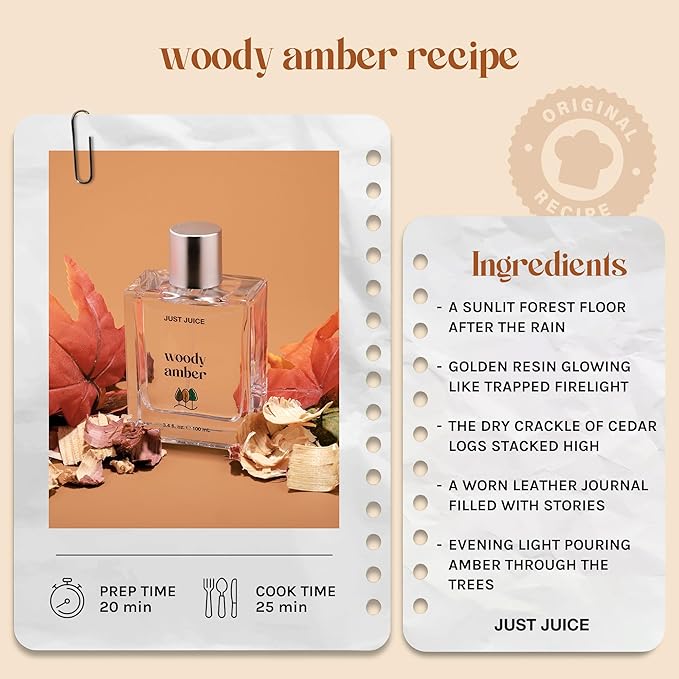 Just Juice Woody Amber - Mini Travel Perfume for Women and Men - Vanilla Perfume with Clove, Tonka Bean, Bonfire Smoke Notes - 0.33 oz