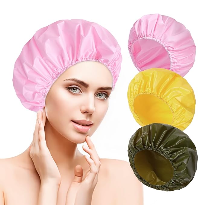 6 PCS Shower Caps for Women, Double Side Waterproof Shower Cap, Reusable Elastic Bath Caps for Shower, EVA Bathing Shower Caps, Bath Hair Caps - Black White Pink Yellow Brick Red Dark Green