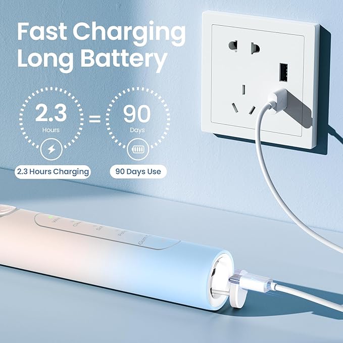 YUNCHI Electric Toothbrush for Adults and Kids, Sonic Rechargeable Battery Toothbrushes, 8 Brush Heads, 1 Travel Case, 2 Min Timer, IPX7 Waterproof, 5 Modes, Blue Yellow Gradient